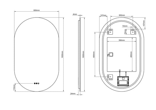 Technical drawing of oval bathroom mirror, 60x100cm, with front, side, and back dimensions.