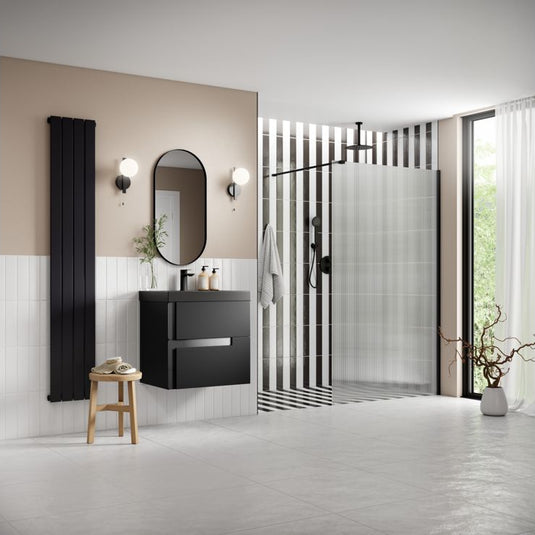 Poppy Apollo 1000mm Fluted Wetroom Panel & Support Arm - Black - RUBY107555 - Envy Bathrooms Ltd