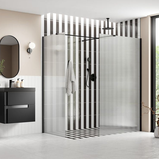 Poppy Apollo 800mm Fluted Wetroom Panel & Side Panel Arm - Black - RUBY107558 - Envy Bathrooms Ltd