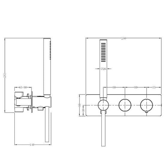 RAK Ceramics Amalfi Horizontal Dual Outlet Thermostatic Concealed Shower Valve with Handset - Brushed Nickel - RAKAMA3305N