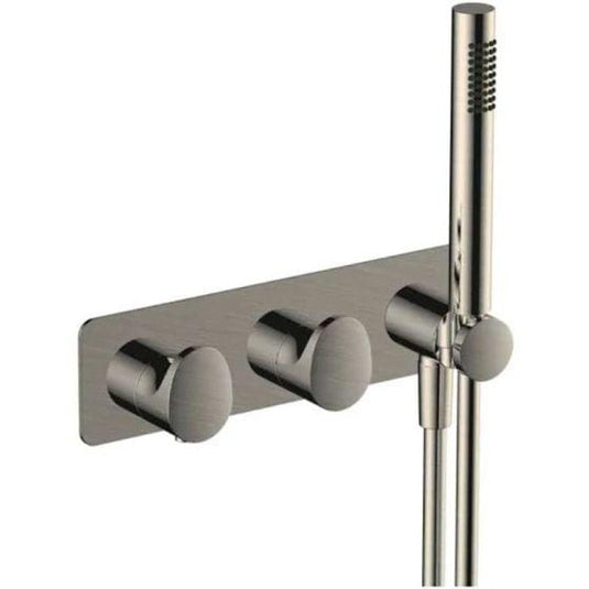 RAK Ceramics Horizontal Dual Outlet Thermostatic Concealed Shower Valve & Hand Shower - Brushed Nickel - RAKITA3305N