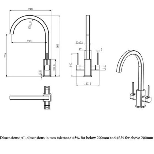 RAK Ceramics Square Kitchen Sink Mixer Tap With Double Side Lever - Chrome - RAKKIT008