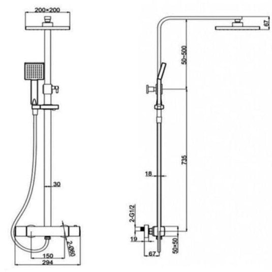 RAK Ceramics Cool Touch Square Thermostatic Shower Column With Fixed Head & Shower Kit - Chrome - RAKSHW6012