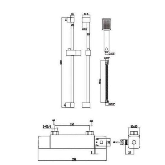 RAK Ceramics Cool Touch Square Exposed Thermostatic Shower Valve With Slide Rail Kit - Chrome - RAKSHW6014