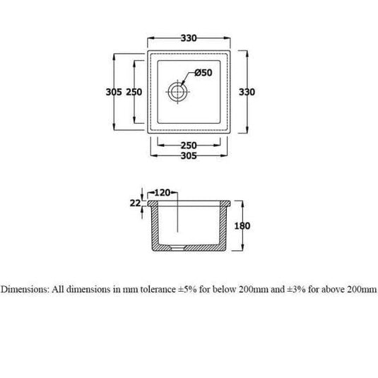 RAK Ceramics Ceramic Laboratory Sink 2 330 x 330 x 180mm - OC163AWHA - Envy Bathrooms Ltd