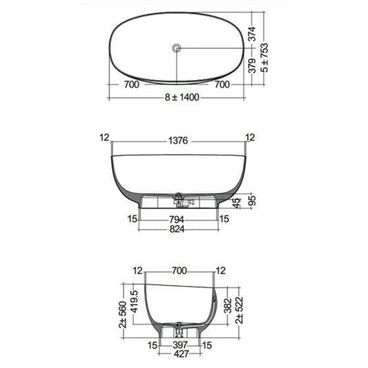 RAK Ceramics Cloud Freestanding Bath 1400 x 753mm - Matt Greige - CLOBT14075505 - Envy Bathrooms Ltd