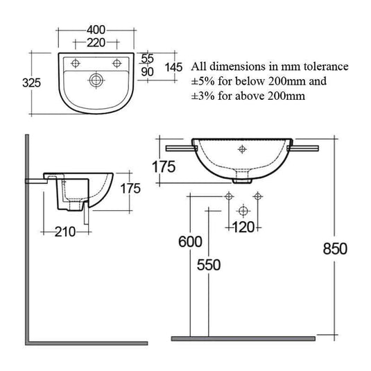 RAK Ceramics Compact 40cm Semi Recessed Basin - 1 Tap Hole Left Hand - Alpine White - CO0905AWHA - Envy Bathrooms Ltd