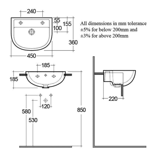 RAK Ceramics Compact 45cm Semi Recessed Basin - 2 Tap Holes - Alpine White - CO2901NCHAWHA - Envy Bathrooms Ltd