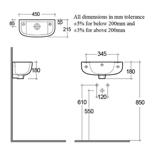 RAK Ceramics Compact 45cm Slimline Basin - 1 Tap Hole Left Hand - Alpine White - CO2301AWHA - Envy Bathrooms Ltd