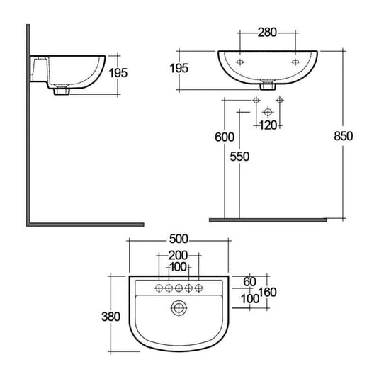 RAK Ceramics Compact 50cm Basin - 2 Tap Holes With No Overflow - Alpine White - CO0602AWHA - Envy Bathrooms Ltd