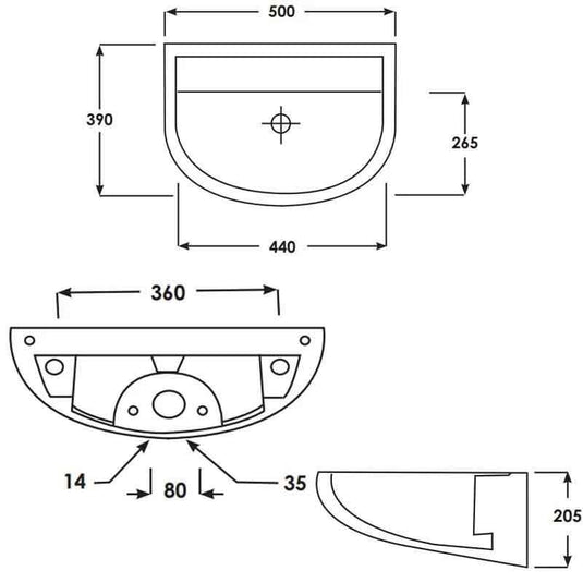 RAK Ceramics Compact 50cm Horizontal Outlet Basin - No Tap Hole - Alpine White - CO0802AWHA - Envy Bathrooms Ltd