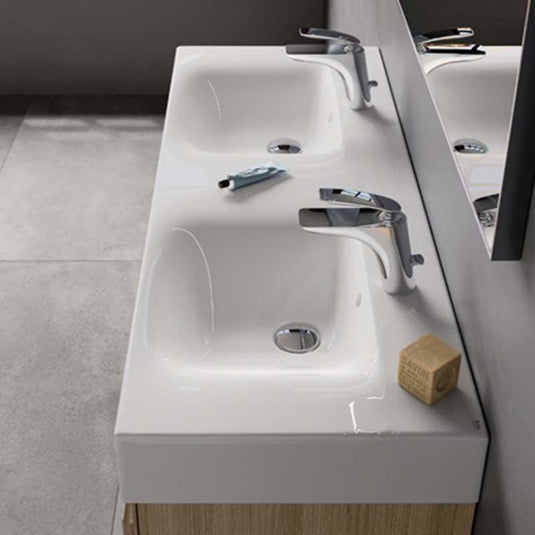RAK Ceramics Des 1210mm Wall-Hung Double Basin 2 Tap Hole - Alpine White - DESWB12101AWHA - Envy Bathrooms Ltd