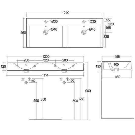 RAK Ceramics Des 1210mm Wall-Hung Double Basin 2 Tap Hole - Alpine White - DESWB12101AWHA - Envy Bathrooms Ltd