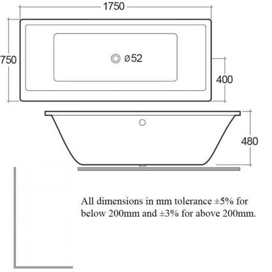 RAK Ceramics Evolution Double Ended Rectangular Bath 1750 x 750mm - BT54AWHA - Envy Bathrooms Ltd