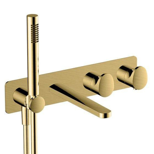 RAK Ceramics Horizontal Dual Outlet Thermostatic Concealed Shower Valve With Hand Shower & Bath Spout - Brushed Gold - RAKITA3306G - Envy Bathrooms Ltd