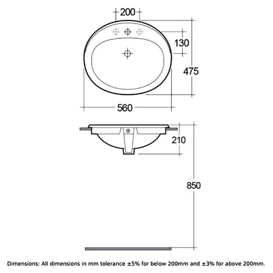 RAK Ceramics Mira 56cm Inset Basin - 1 Tap Hole - OC67AWHA - Envy Bathrooms Ltd