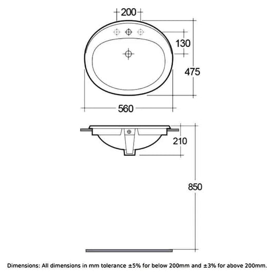 RAK Ceramics Mira 56cm Inset Basin - 2 Tap Holes - OC76NCHAWHA - Envy Bathrooms Ltd