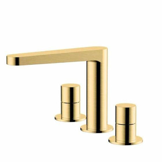 RAK Ceramics Petit Round Deck Mounted 3 Hole Basin Mixer - Brushed Gold - RAKPER3011G - Envy Bathrooms Ltd