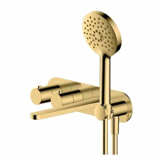 RAK Ceramics Petit Round Wall Mounted Thermostatic Bath Shower Mixer Dual Outlet - Brushed Gold - RAKPER3306G - Envy Bathrooms Ltd