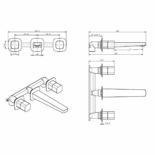 RAK Ceramics Petit Square Wall Mounted 3 Hole Basin Mixer - Brushed Gold - RAKPES3010G - Envy Bathrooms Ltd