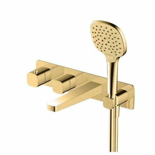 RAK Ceramics Petit Square Wall Mounted Thermostatic Bath Shower Mixer 2 Outlets - Brushed Gold - RAKPES3306G - Envy Bathrooms Ltd