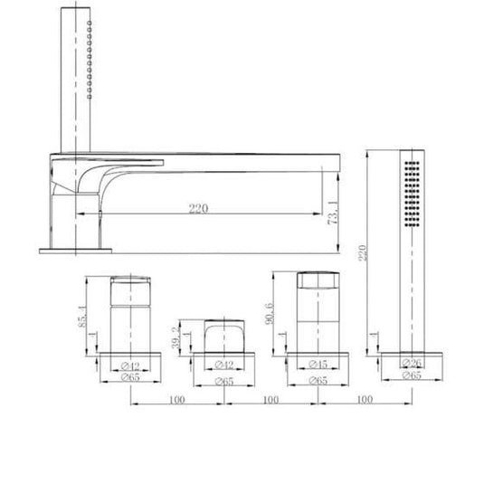 RAK Ceramics Portofino 4 Hole Deck Mounted Bath Shower Mixer - Brushed Gold - RAKPOR3013G - Envy Bathrooms Ltd