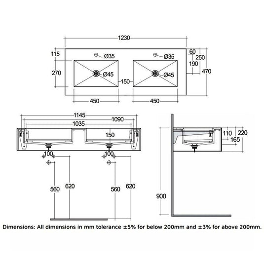 RAK Ceramics Precious 1200mm Wall Mounted Counter Wash Basin with 0th in Carrara - PRECT12347100A0 - Envy Bathrooms Ltd