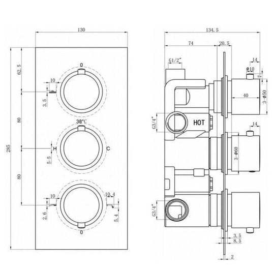 RAK Ceramics Round Triple Outlet 3 Handle Thermostatic Concealed Shower Valve - Chrome - RAKSHW3204R - Envy Bathrooms Ltd