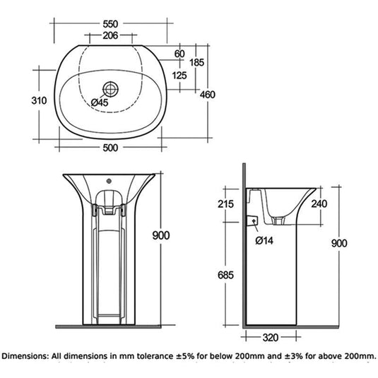 RAK Ceramics Sensation Free Standing Wash Basin - No Tap Hole - SENFS5500AWHA - Envy Bathrooms Ltd