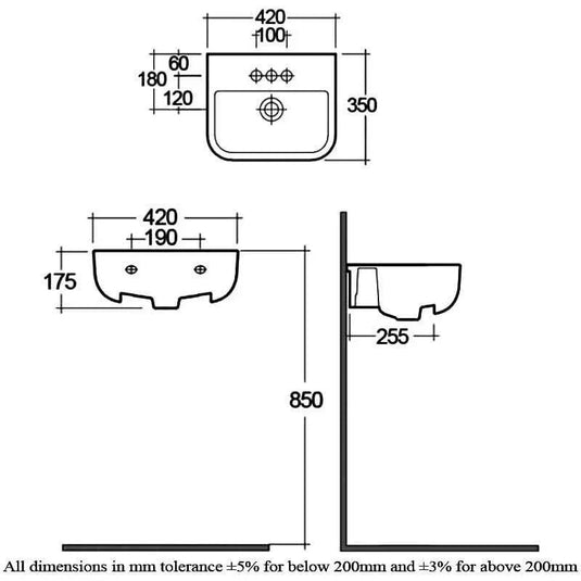 RAK Ceramics Series 600 42cm Semi Recessed Basin - 1 Tap Hole - SE0901AWHA - Envy Bathrooms Ltd