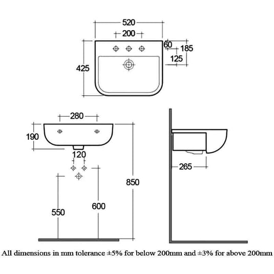 RAK Ceramics Series 600 52cm Semi Recessed Basin - 1 Tap Hole - SE0904AWHA - Envy Bathrooms Ltd