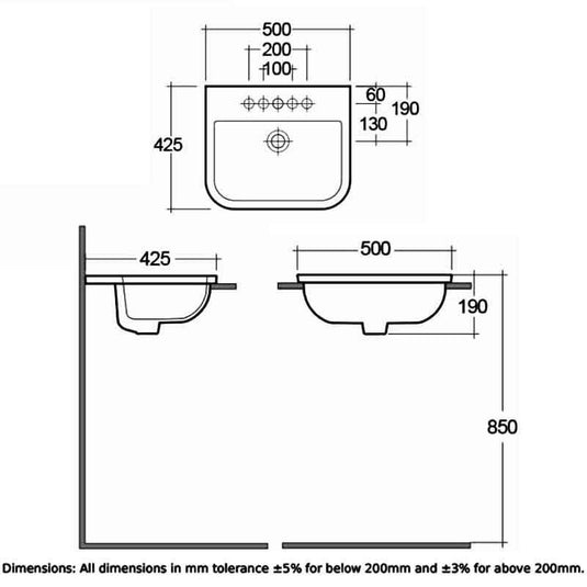 RAK Ceramics Series 600 Inset Vanity Basin - 1 Tap Hole - SE0902AWHA - Envy Bathrooms Ltd