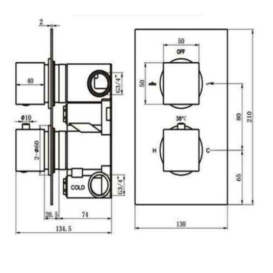 RAK Ceramics Square Dual Outlet 2 Handle Thermostatic Concealed Shower Valve - Black - RAKSHW3202SB - Envy Bathrooms Ltd