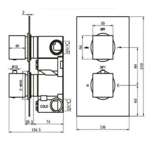RAK Ceramics Square Dual Outlet 2 Handle Thermostatic Concealed Shower Valve - Black - RAKSHW3202SB - Envy Bathrooms Ltd