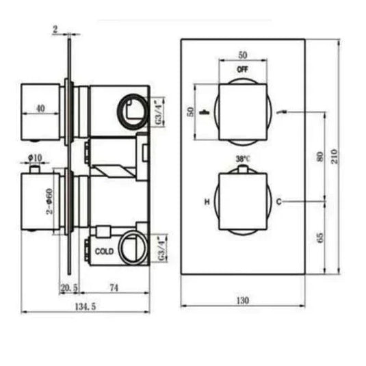 RAK Ceramics Square Dual Outlet 2 Handle Thermostatic Concealed Shower Valve - Black - RAKSHW3202SB - Envy Bathrooms Ltd