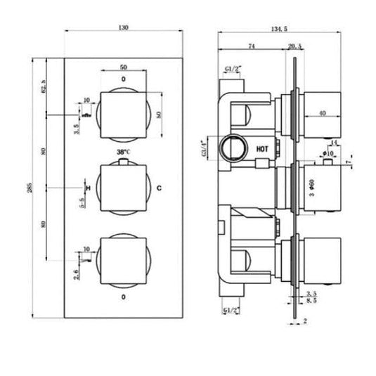 RAK Ceramics Square Dual Outlet 3 Handle Thermostatic Concealed Shower Valve - Chrome - RAKSHW3203S - Envy Bathrooms Ltd