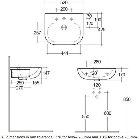 RAK Ceramics Tonique 52cm Semi Recessed Basin - 1 Tap Hole - TQ0901AWHA - Envy Bathrooms Ltd