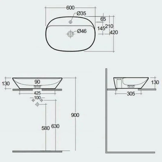 RAK Ceramics Variant Elongated Oval Counter Top Wash Basin 600mm 1TH with Tap Ledge - Alpine White - VARCT36001AWHA - Envy Bathrooms Ltd