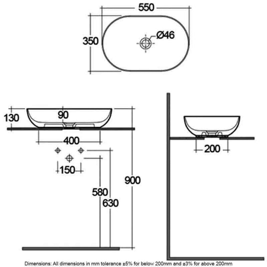 RAK Ceramics Feeling 55cm Oval Slim Countertop Wash Basin - Matt Greige - FEECT5500505A