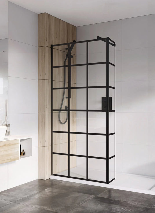 Roman Haven Select 900mm Black Grid Wetroom Panel (8mm) - Matt Black - H8SP9GPB - Envy Bathrooms Ltd