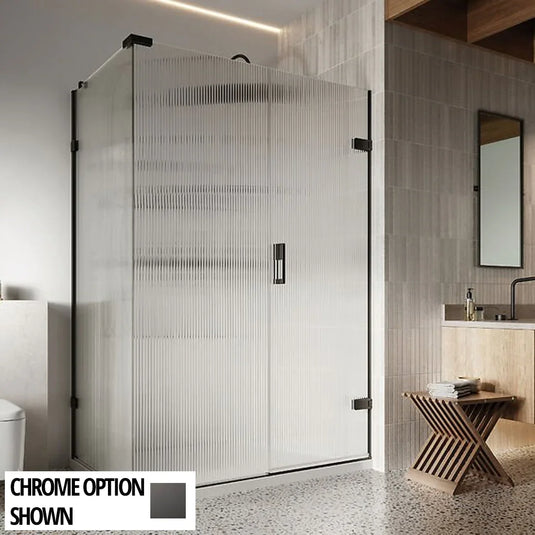 Roman Liberty 1600 x 800mm Fluted Hinged Door with One Inline Panel & Side Panel For Corners (RH - 8mm) - Matt Black - KL1HDRFRB+KL1HR16FRB+KHR8FRB* - Envy Bathrooms Ltd