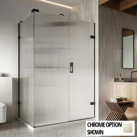 Roman Liberty 1600 x 800mm Fluted Hinged Door with One Inline Panel & Side Panel For Corners (RH - 8mm) - Polished Nickel - KL1HDRFRPN+KL1HR16FRPN+KHR8FRPN* - Envy Bathrooms Ltd