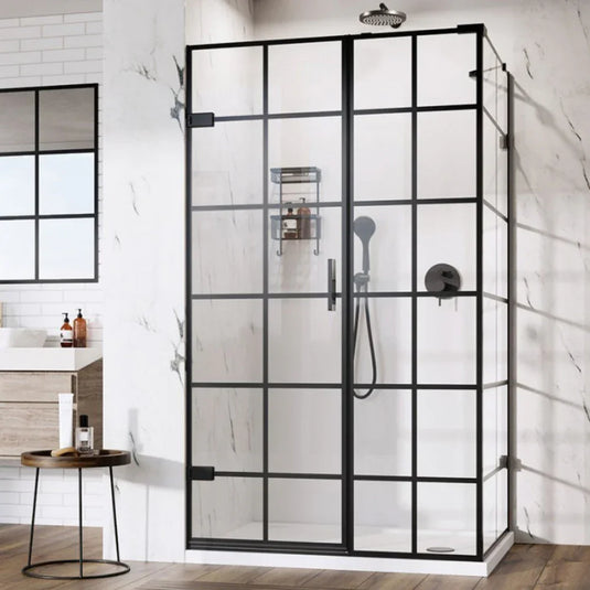Roman Liberty 1600 x 900mm Black Grid Hinged Door with Inline Panel & Side Panel For Corners (LH - 10mm) - Matt Black - TL1HDRBGBL+TL1HR16BGBL+THR9BGBL* - Envy Bathrooms Ltd