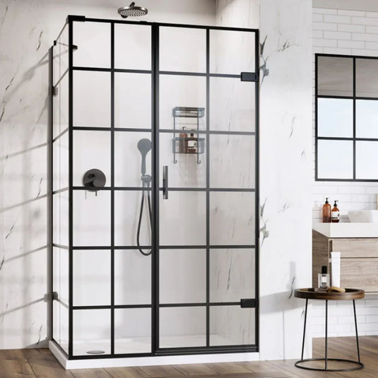 Roman Liberty 1600 x 900mm Black Grid Hinged Door with Inline Panel & Side Panel For Corners (RH - 10mm) - Matt Black - TL1HDRBGBR+TL1HR16BGBR+THR9BGBR* - Envy Bathrooms Ltd