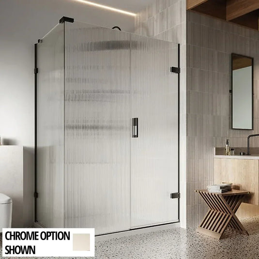 Roman Liberty 1600 x 800mm Fluted Hinged Door with One Inline Panel & Side Panel For Corners (RH - 8mm) - Brushed Nickel - KL1HDRFRN+KL1HR16FRN+KHR8FRN* - Envy Bathrooms Ltd