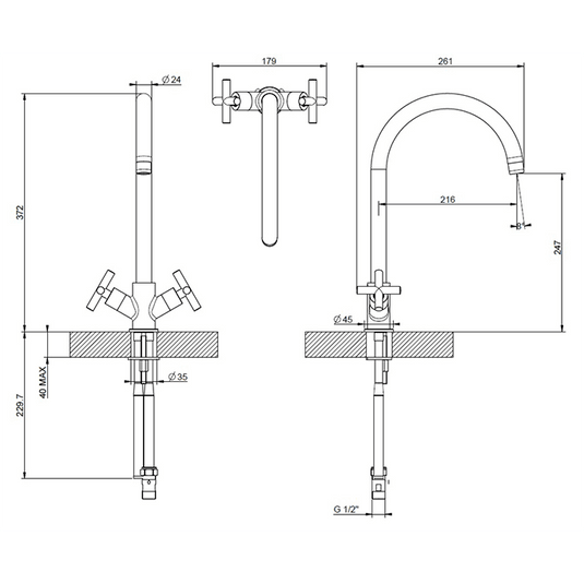 Clearwater Rossi C Twin Lever Monobloc Kitchen Sink Mixer Tap - Brushed Nickel - RO2BN