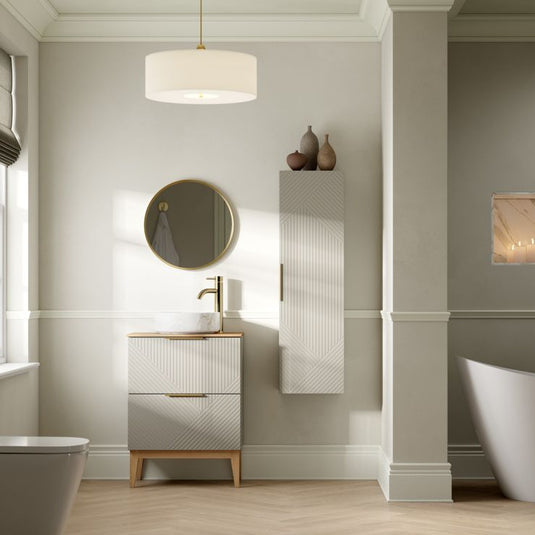 Ruby Bear 610mm Floor Standing 2 Drawer Basin Unit & Maple Oak Effect Worktop - Matt Oat - RUBY108503 - Envy Bathrooms Ltd