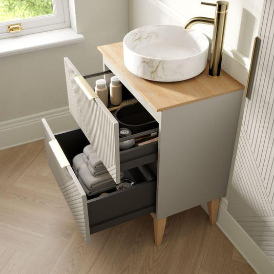 Ruby Bear 610mm Floor Standing 2 Drawer Basin Unit & Maple Oak Effect Worktop - Matt Oat - RUBY108503 - Envy Bathrooms Ltd