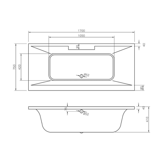 Ruby Bo Deluxe Square Double End 1700x750x550mm 0TH Bath w/Legs - RUBY105670