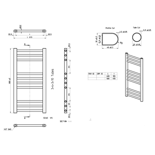 Ruby Bonnie Straight 30mm Ladder Radiator (500x800x30mm) - Matt Black - RUBY104979 - Envy Bathrooms Ltd
